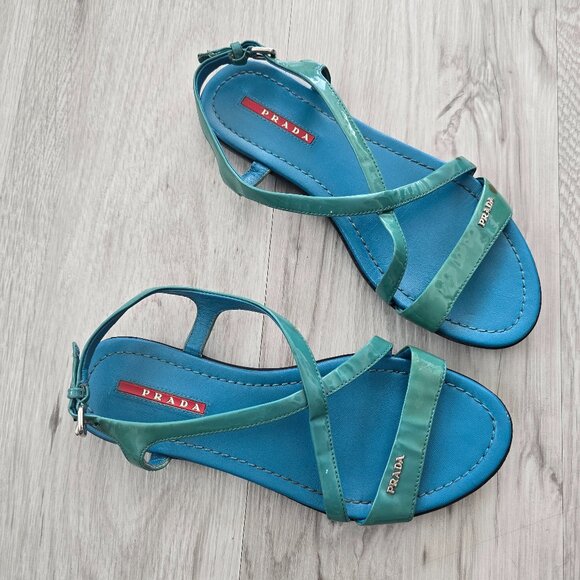 vintage Y2K Prada | teal blue patent leather strappy flat sandals | WMS 6 - Picture 1 of 12
